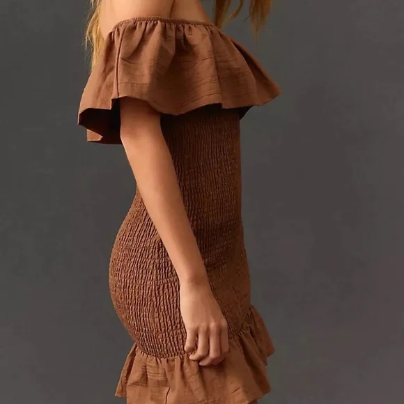 NWT Anthropologie Off-The-Shoulder Smocked Mini Dress Brown Size XS - Picture 3 of 5